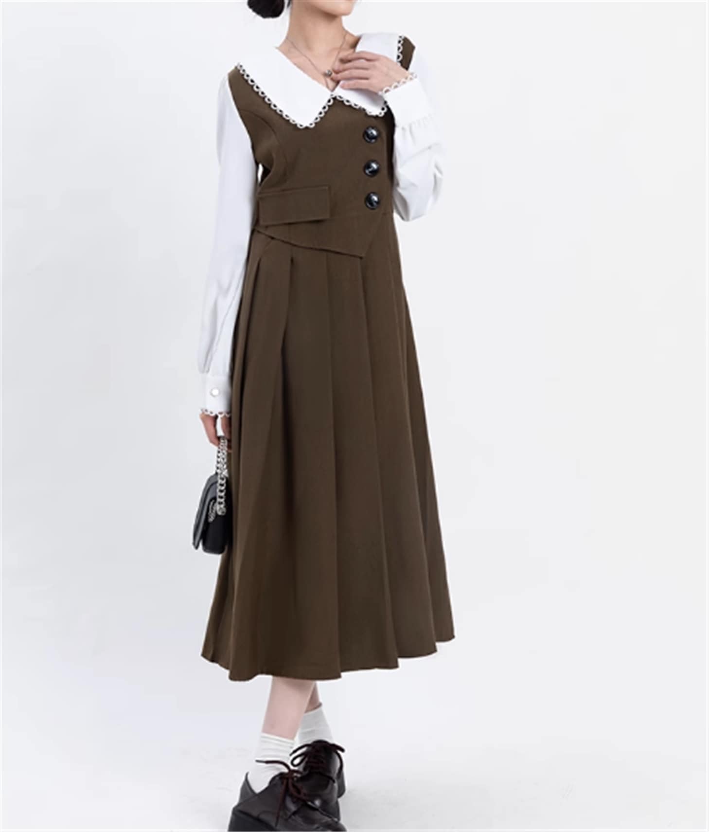 ワンピース タイト ミモレ丈 プリーツ 袖あり 長袖 Vネック 襟あり POLO襟 細身 ハイウエスト 大人可愛い きれいめ カジュアル 上品 お洒落 大人女子 こなれ感 レトロ フレンチ キュート