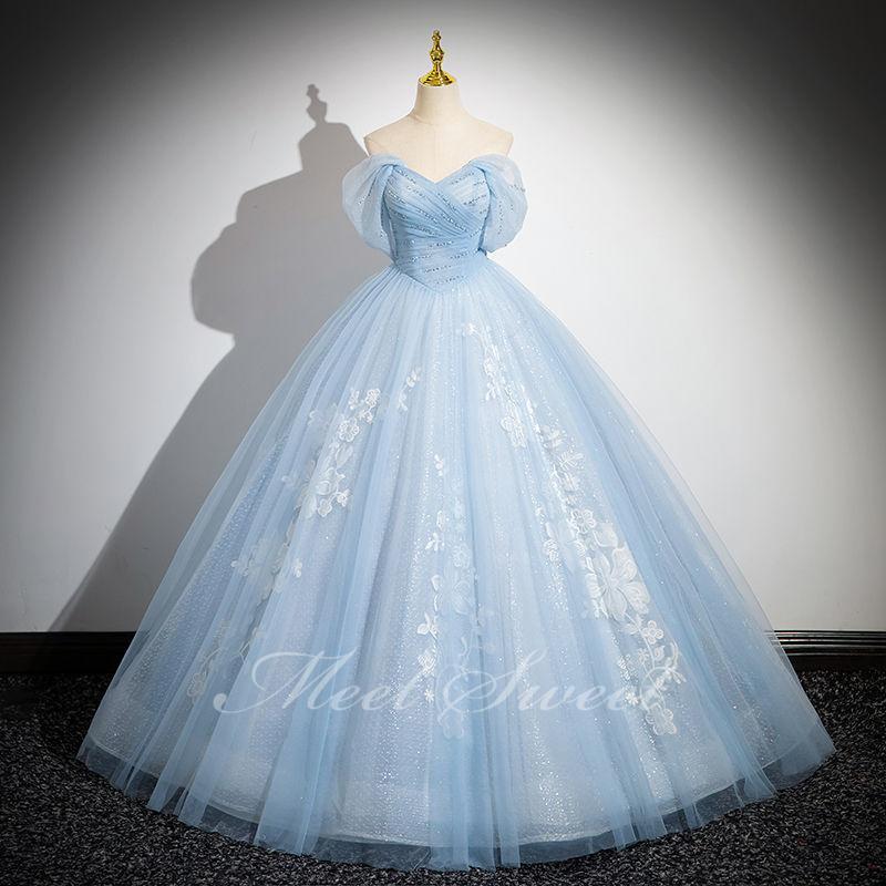 カラードレス プリンセスライン ライトブルー 青 オフショルダー ロングドレス ウェディングドレス 結婚式 二次会 花嫁 前撮り 演奏会 発表会 ステージ衣装