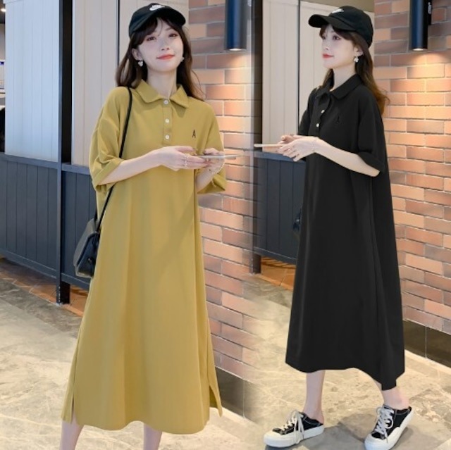 マタニティワンピース 全2色 ポロシャツワンピース 胸元ロゴ ロールアップ袖 半袖 ポロ衿 サイドスリットスカート ミモレ丈 Aライン レディース ママコーデ ママ服 韓国 人気 ゆ