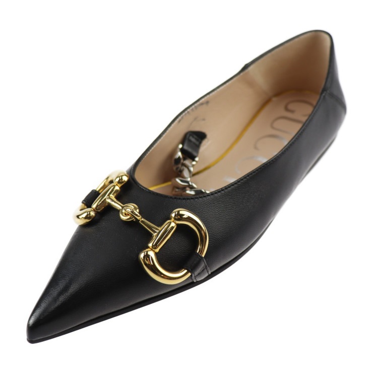 新品未使用展示品 GUCCI グッチ パンプス 621161 ホースビット 表記サイズ 34 1/2 レザー ブラック ゴールド シルバー 参考サイズ21.5cm フラットシューズ 本物保証 中古