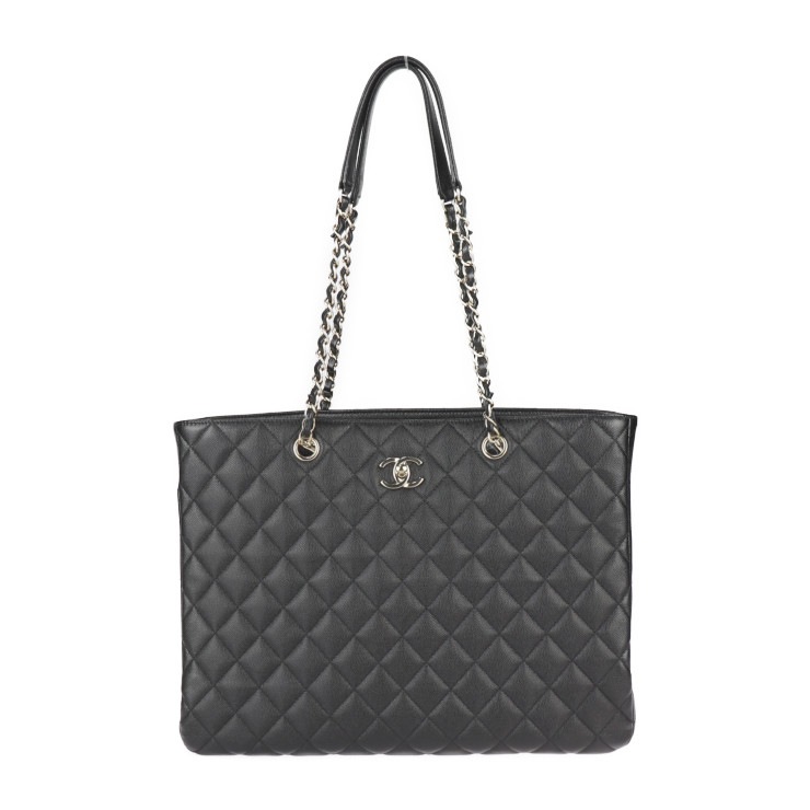 美品 CHANEL シャネル トートバッグ - チェーントート マトラッセ キャビアスキン ブラック ゴールド金具 ショルダーバッグ ターンロック ココマーク キルティング 本物保証 中古