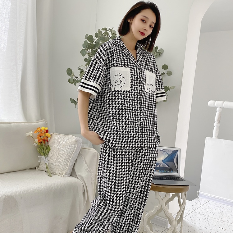 上品 5L 4L 大きいサイズ ルームウェア パジャマ 部屋着 レディース 韓国 上下セット 長袖 2点セット 綿 冬 寝間着 可愛い 秋 春夏夏のビッグパジャマプリント家居服女千鳥の格子の半袖パンツ 7,661円