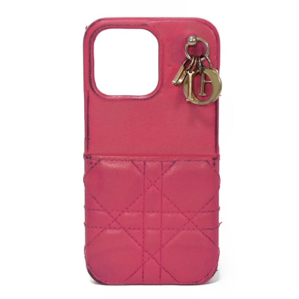 中古】 スマホケース ロゴチャーム ステッチ ラムスキン LADY