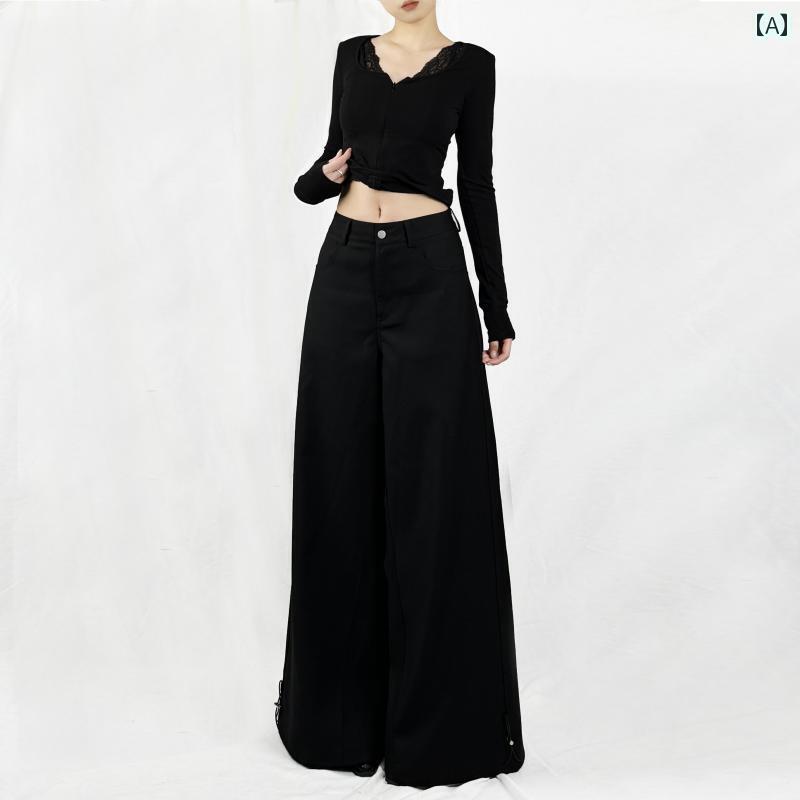 レディース　カジュアル　パンツ Jieyu JIEYU 高級 ブラック ハイウエスト ドレープ ワイド レッグ フロア レングス スーツ パンツ