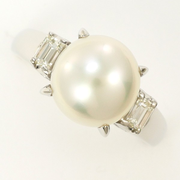 PT900 プラチナ リング 14号 パール(真珠) 約9.5mm ダイヤ 0.26 中古