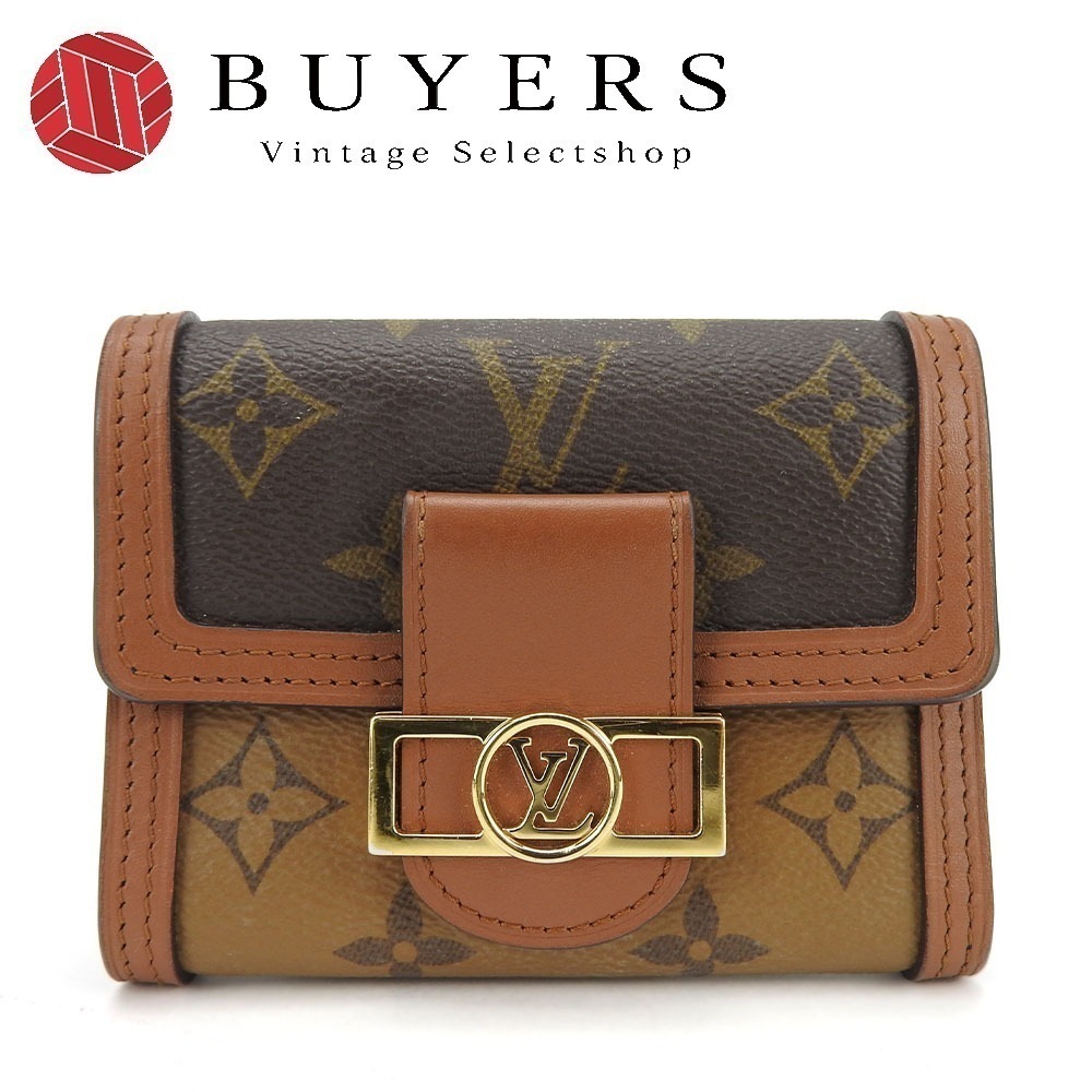 中古 三つ折り財布 ポルトフォイユドーフィーヌ コンパクト M68725 モノグラムキャンバス モノグラムリバース ブラウン ゴールド金具 ロゴ レディース 女性