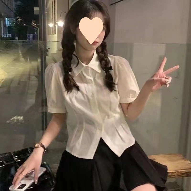 【1つ買うと10つ無料】女性用の短袖の白いシャツ夏シックなパフスリーブウエストシャツ作業服