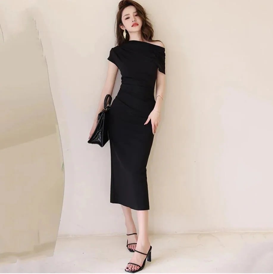ワンショルダーフレンチスリーブペンシルワンピース(4COLORS) セクシー 肩出し ネックライン ドレス ハイエンド スリム スプリット マキシドレス