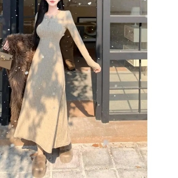 【1つ買うと10つ無料】スリム気温純粋な色ボトムスカートvネックミッドロングスカート女性秋ウエストウエストニットドレス