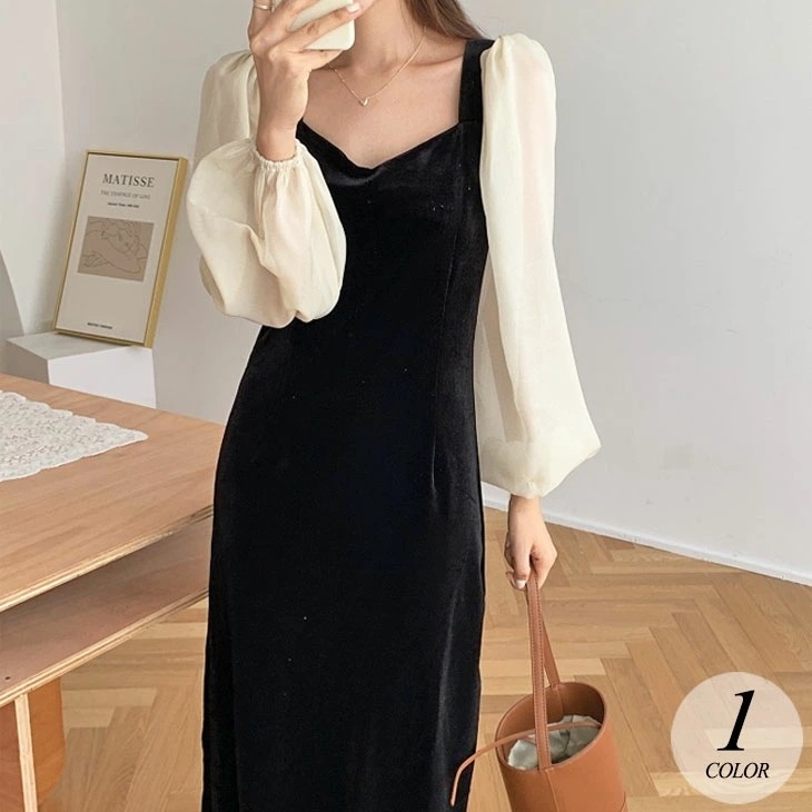 【2025新作 急速出荷】切替え ドッキング シアー袖 ワンピース ロング スレンダー 長袖 ミモレ シアー シースルー 透け感 ベロア調 ベルベッド調 レディース フェミニン 可愛い 上品 きれいめ