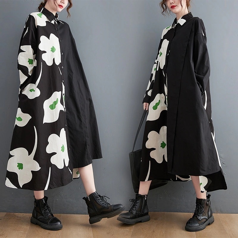 「ファットガール」 春秋 花柄 シャツワンピース 大きいサイズ レディース ロングワンピース