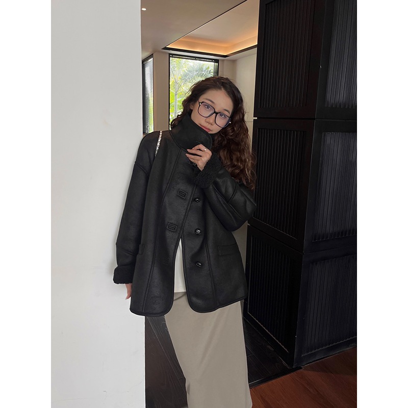 冬 スタンドカラー ラムウール コート レディース ファー オールインワン ライダースジャケット A3725