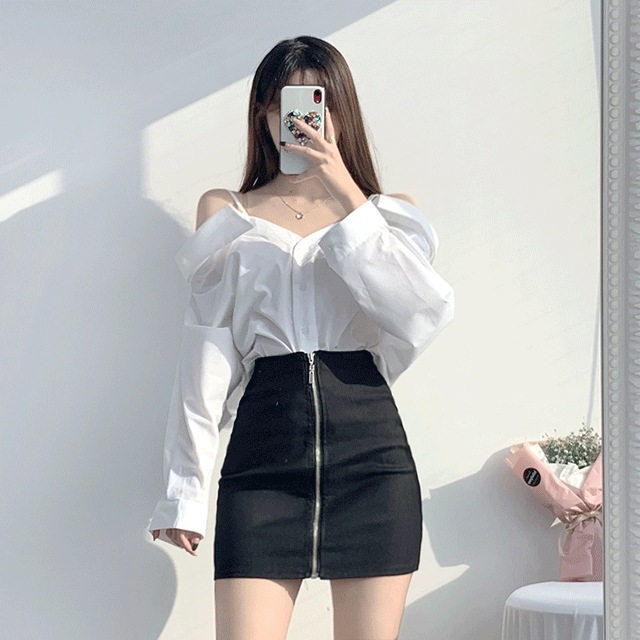 ベロ オフショルダー シャツ ファスナー ワンピース (チェック/ブラック)