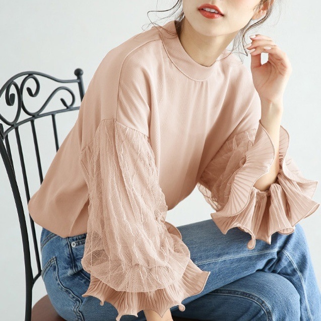 ブラウス カットソー シフォン プルオーバー フリル ホワイト 黒 韓国 レディース オルチャン シフォンブラウス トップス ボリューム袖 ラウンドネック ピンク 白 ブラウン 透け感