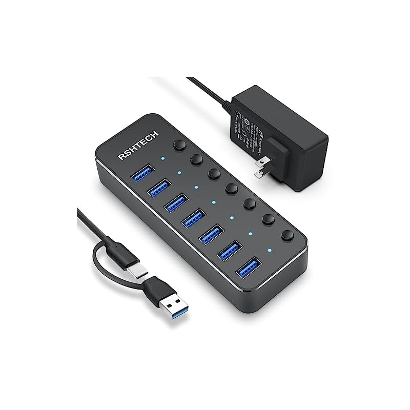 RSHTECH USBハブ 3.0 電源付き 7ポート 2023 改良 USB Hub アルミ製 5Gbps高速転送 セルフパワーとバスパワー両用 5V 3A 電源 独立スイッチ付き