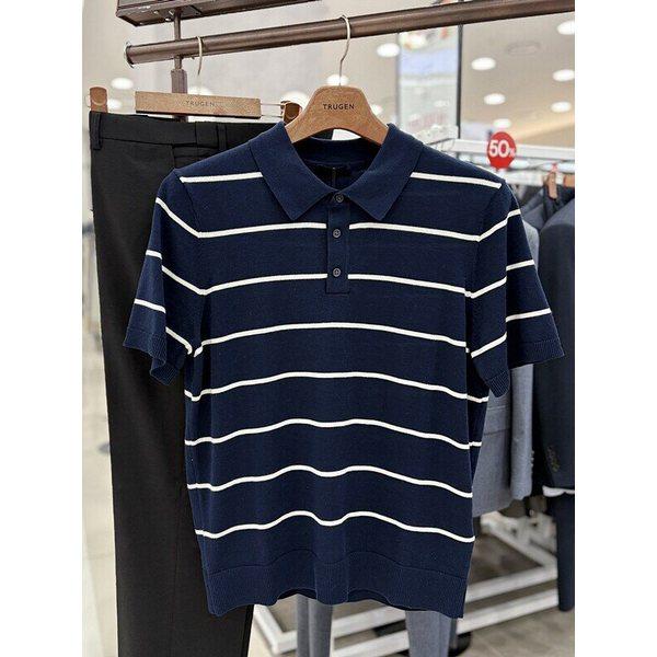 メンズ ウォッシャブル コットン 100% ストライプ ポロカラー ネック 夏 半袖 ニットトップ Tシャツ 2色_JK