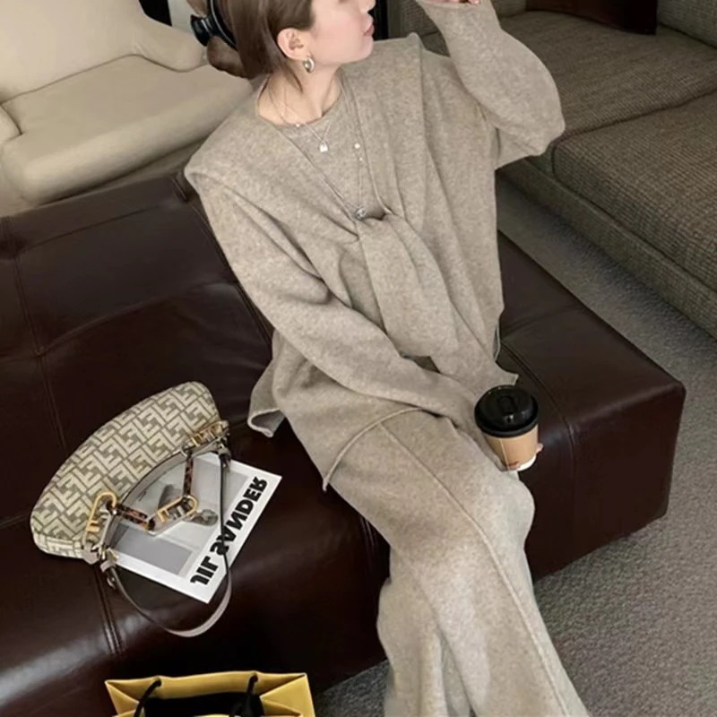 今週まで.値.引.きセットアップ 気品2025新作ニットセーターワイドパンツ3点セット秋冬エレガント
