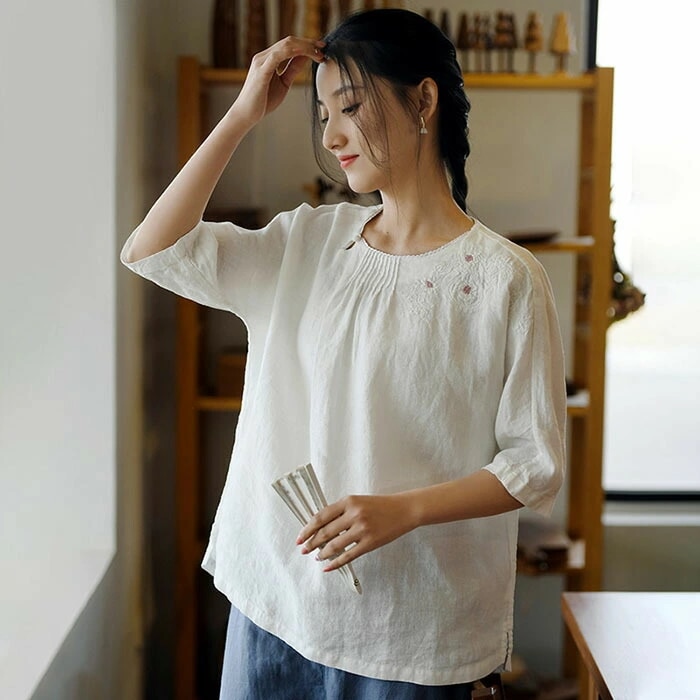 tシャツ レディース 半袖 春 夏 綿麻 大きいサイズ 体型カバー 無地 カットソー トップス ｖネック 着痩せ 吸汗 通気 おしゃれ シンプル カジュアル エレガント レトロ きれいめ 薄手 OL通