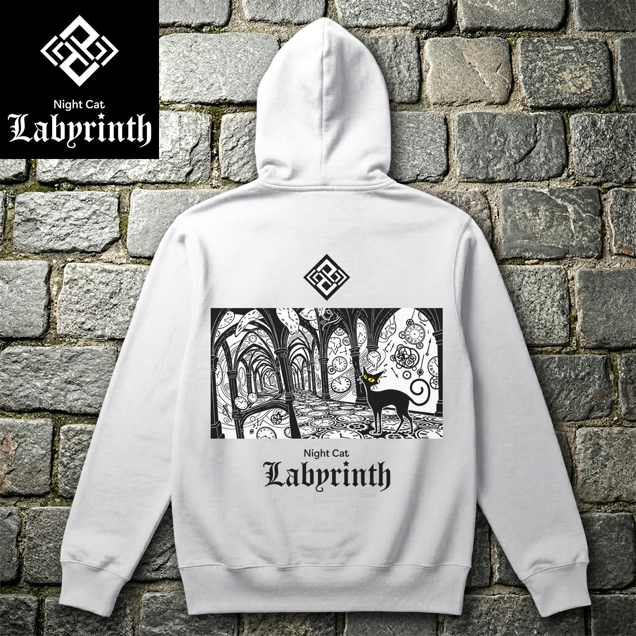 【Night Cat Labyrinth】ナイトキャットラビリンス 『時の回廊』 フルジップパーカー 10oz 裏パイル (ホワイト)　黒猫 ゴシック ダークファンタジー ストリートファッション