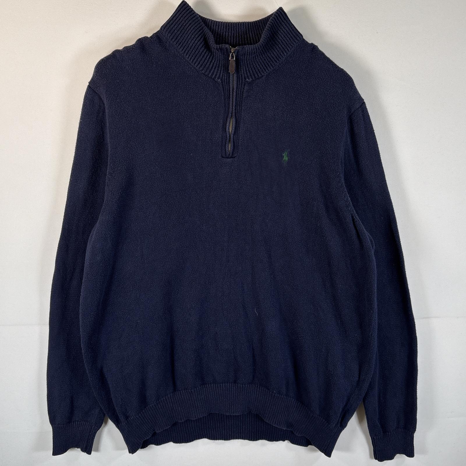 古着 ニット セーター 大きいサイズ ハーフジップ ワンポイントロゴ刺繍 2XLT ネイビー メンズ