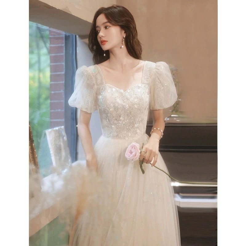 イブニングドレス シャンパン色 ロングドレス 発表会ドレス パフスリーブ 可愛い パーティードレス 結婚式ドレス 二次会ドレス お呼ばれドレス ミモレ丈 成人式ドレス スパンコール キラキラ キレイめ