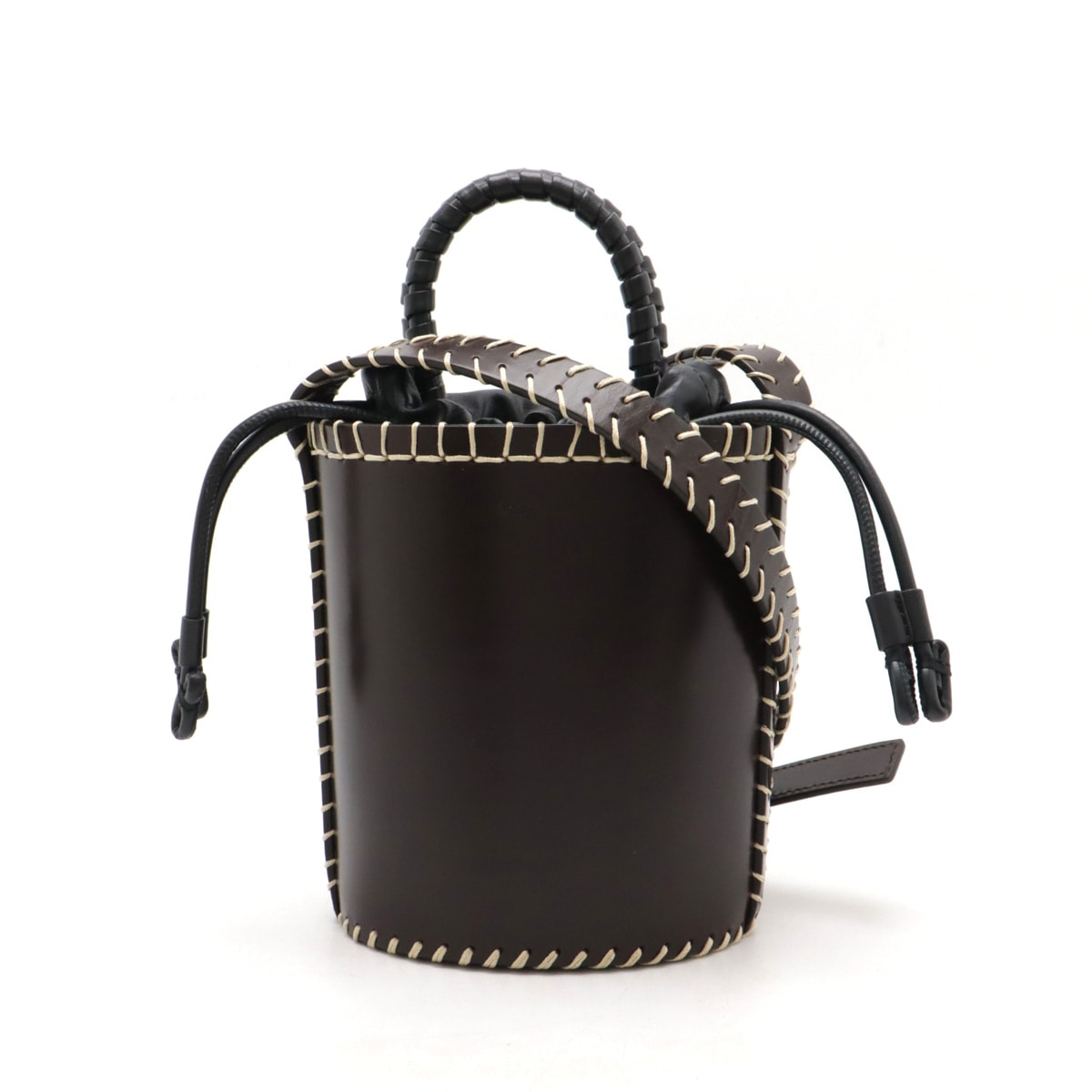 ルエラ バケットバッグ ハンドバッグ 2WAY ショルダーバッグ 巾着 バケツ型 レザー ダークブラウン 茶 ブラック