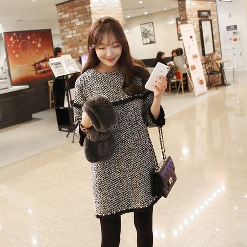 A1227　あったか七分袖Aラインワンピース