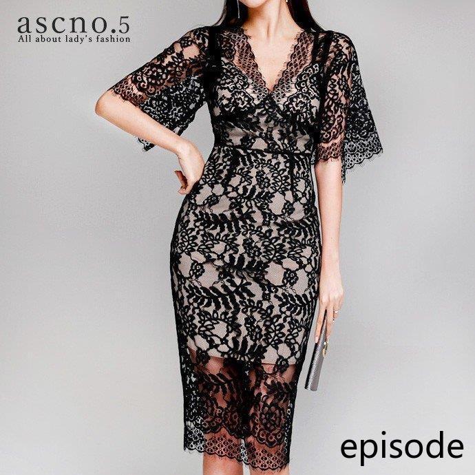 【海外新品】ワンピース ワンピ ドレス 総レース ブラック Vネック ミディアム丈 フェミニン ドレッシー きれいめ 韓国 韓国ファッション 30代 40代