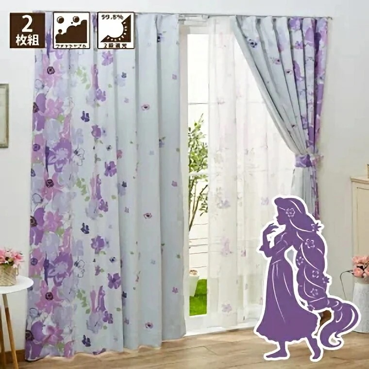 カーテン 遮光タイプ タッセル付き 100x178cm 2枚組 ドレープカーテン 塔の上のラプンツェル 2級遮光 遮熱 洗える かわいい お洒落 プリンセス 子ども部屋 模様替え 新生活 掃出窓