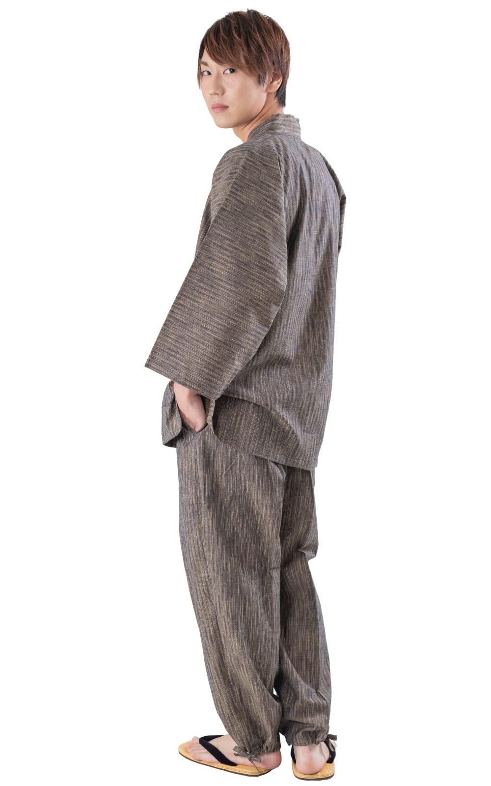 [あい藍] 作務衣 日本製 久留米織り たて絣調 M～3L 通年 季節 プレゼント 贈り物 春 夏 秋 冬 (Ｍ, 茶)