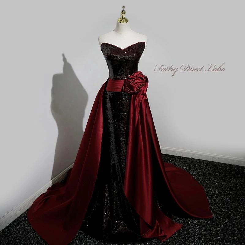 二次会 ドレス カラードレス ブラック ワインレッド オフショルダー ハートカット オーバースカート ウエディングドレス 海外挙式 結婚式 発表会 演奏会 二次会 花嫁 前撮り カクテルドレス 披露宴