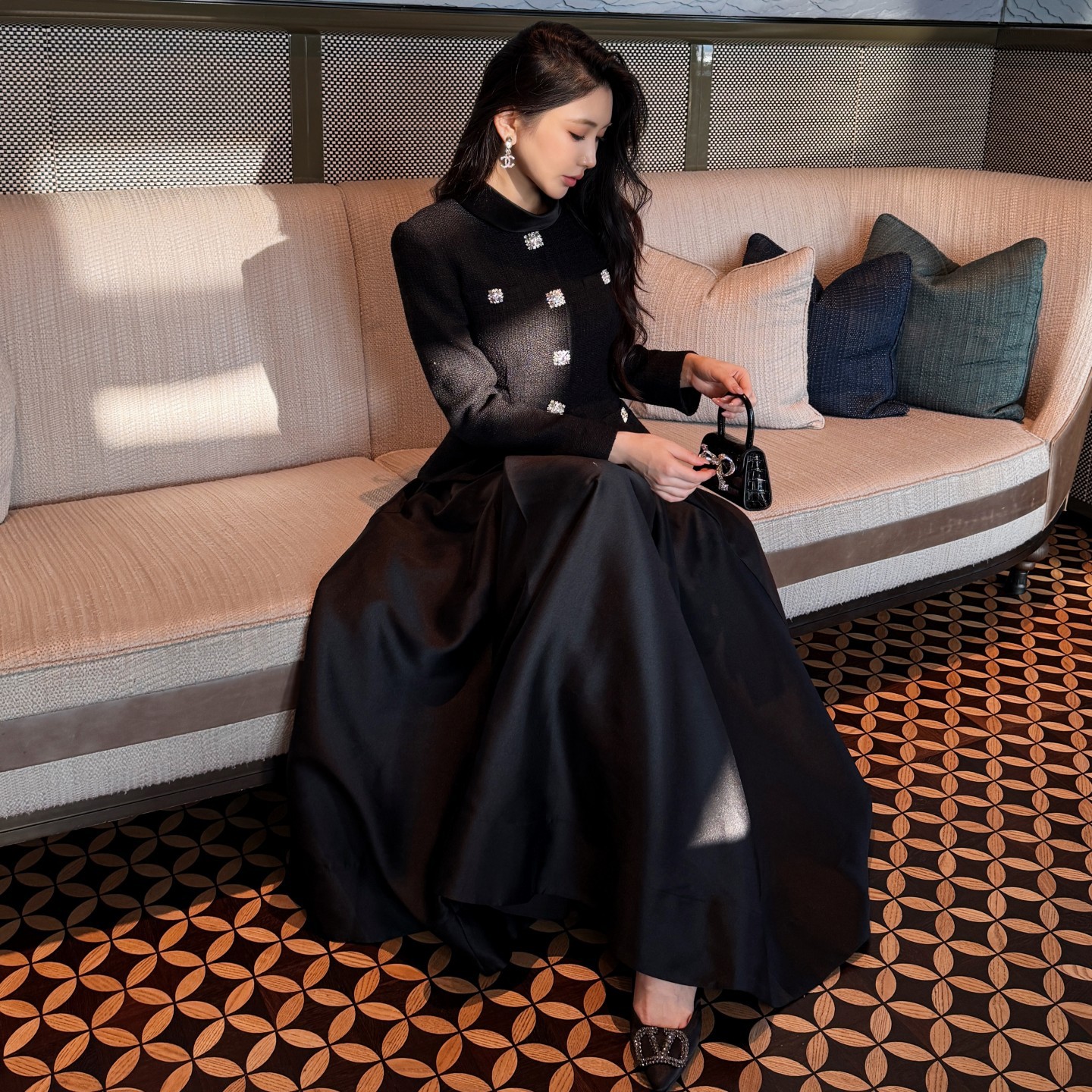 秋冬新作レディースブラックツイードパッチワークエレガントロングスリーブスタンドカラーイブニングドレス