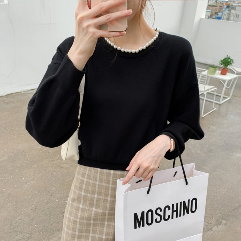 2color レディース ラウンドネックパールニット パールネックニットプルオーバー