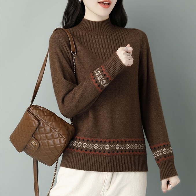 ノルディック柄セーター ハイネックニットセーター 秋冬ニットセーター カジュアルニットセーター トップス ニットソー セーター プルオーバー 袖あり 長袖 ハイネック スリム 細身 Iライン スマート