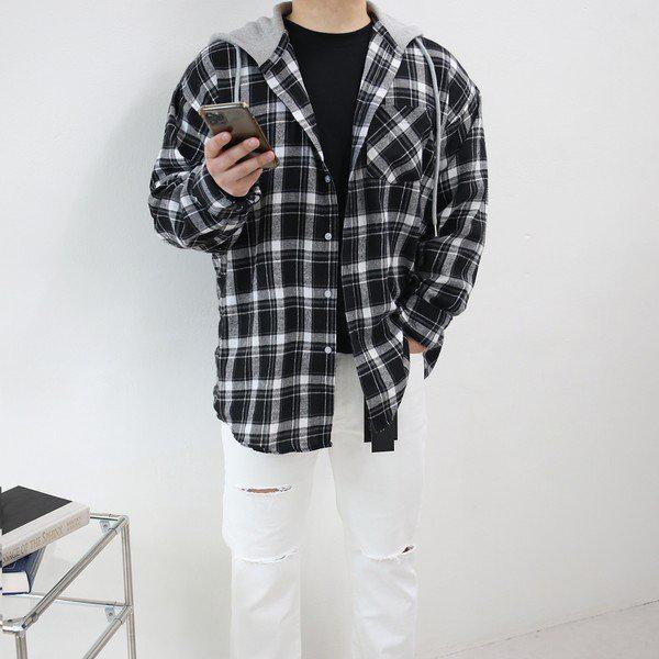 メンズオーバーフィットチェックフードシャツ 남방_P341418408