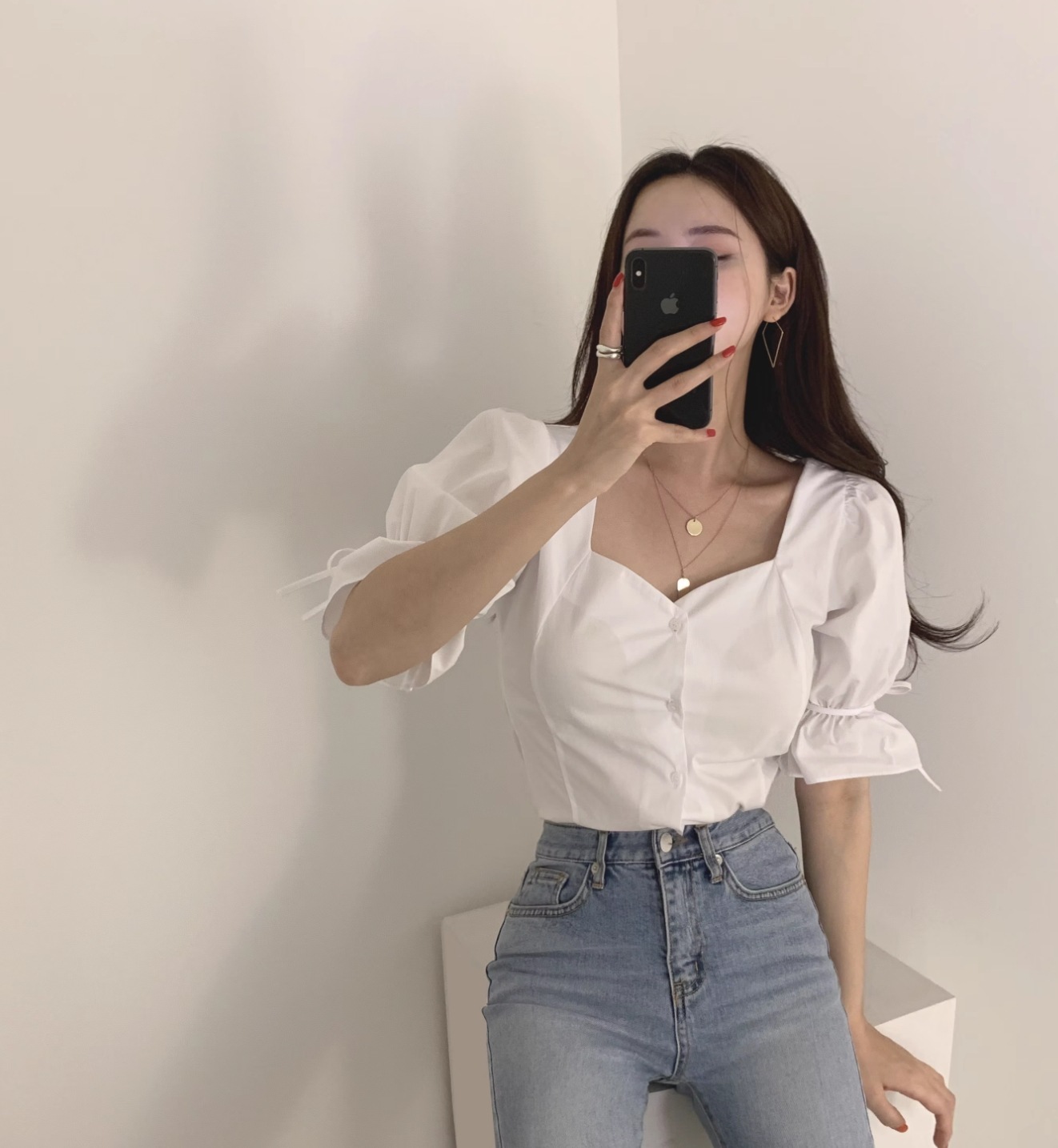 トップス シャツ ブラウス 白シャツ シャツワンピース ショート ショート丈 袖あり 半袖 5分袖 五分袖 ボリューム袖 ドルマンスリーブ パフスリーブ スクエアネック 綿 かわいい きれいめ