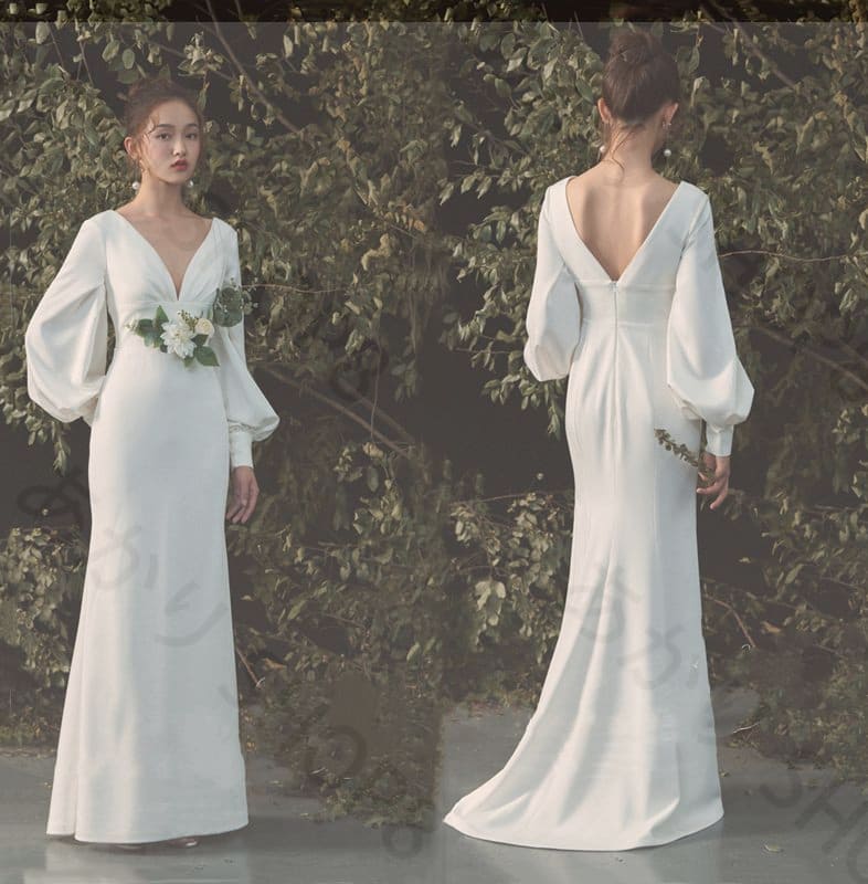 【新品追加】長袖 Vネック ウェディングドレス ウエディングドレス【 深いVネック・浅いVネック】ゆったりマーメイド ファスナー トレーンドレス前撮り 後撮り XS～XL