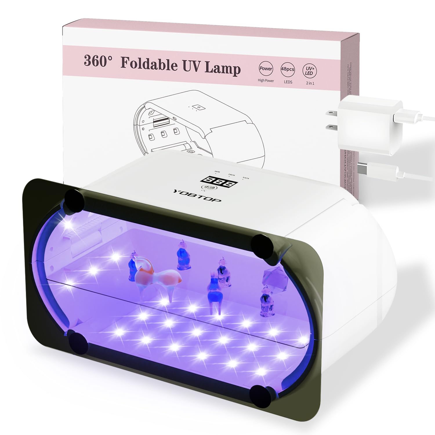 YOBTOP 【最新2025】 UVライト レジン用 48W 両面照射 48個LED搭載 UV遮光板付き 4段階時間調節 （60秒・180秒・300秒・600秒） デジタル表示 折り畳み式 分離式 u