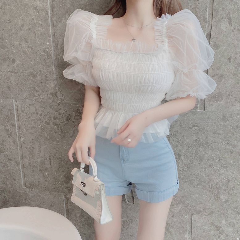 ブラウス トップス オフショルチュールシャーリングトップス レディース オフショルトップス シャーリングトップス 袖あり 半袖 肩出し オフショルダー レース シャツ チュール 無地 透け感