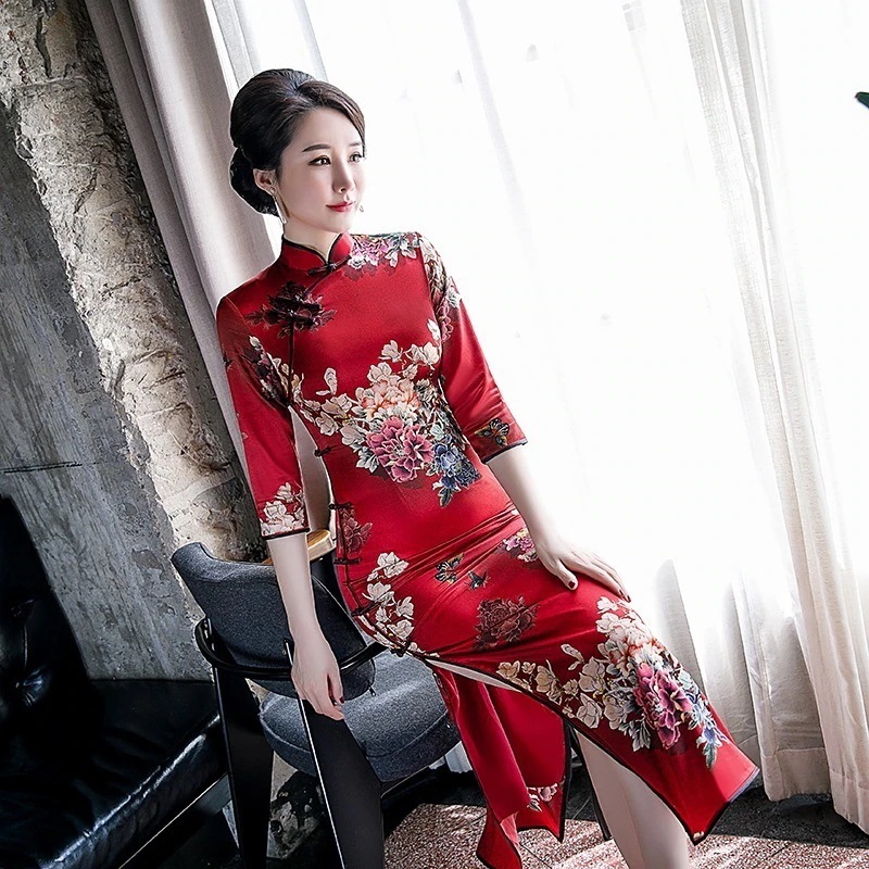 2024 ロングチャイナドレス シルクチャイナドレス マルベリーシルク サマースタイル デイリーオールド上海ネイビー妻