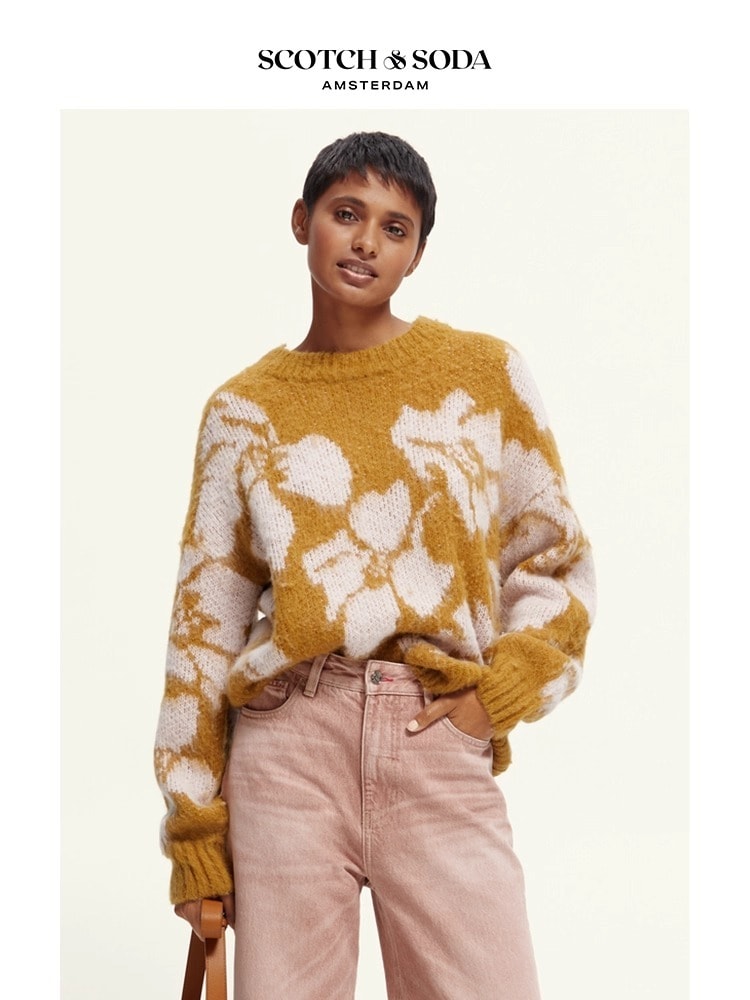 レディース トップス ニット セーター プルオーバー ミディアム 長袖 ボリューム袖 クルーネック オーバーサイズ 厚手 大人可愛い おしゃれ レトロ エスニック こなれ感 ラフ 個性的 主役級