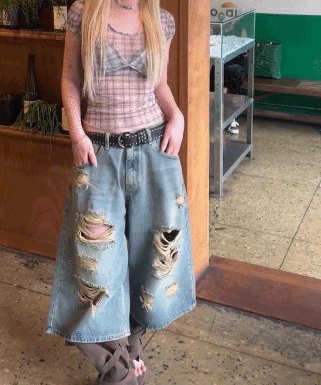 denim vintage Bermuda pants [2color]