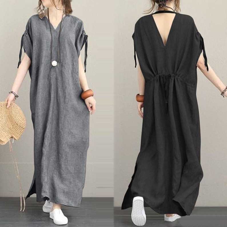 【美人度アップ】 シンプルボウタイ Aライン Vネック 半袖ゆったり 無地カジュアルワンピース