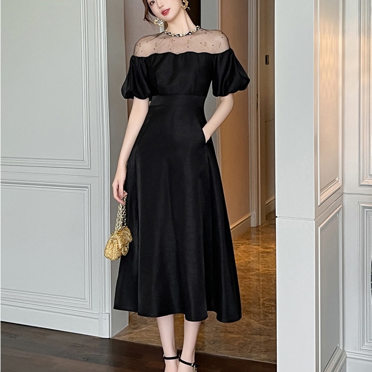 韓国ワンピースドレス 気質 ロングワンピース 夏 かわいいパーティードレス ウエスト引き締めブラックワンピース ドレス