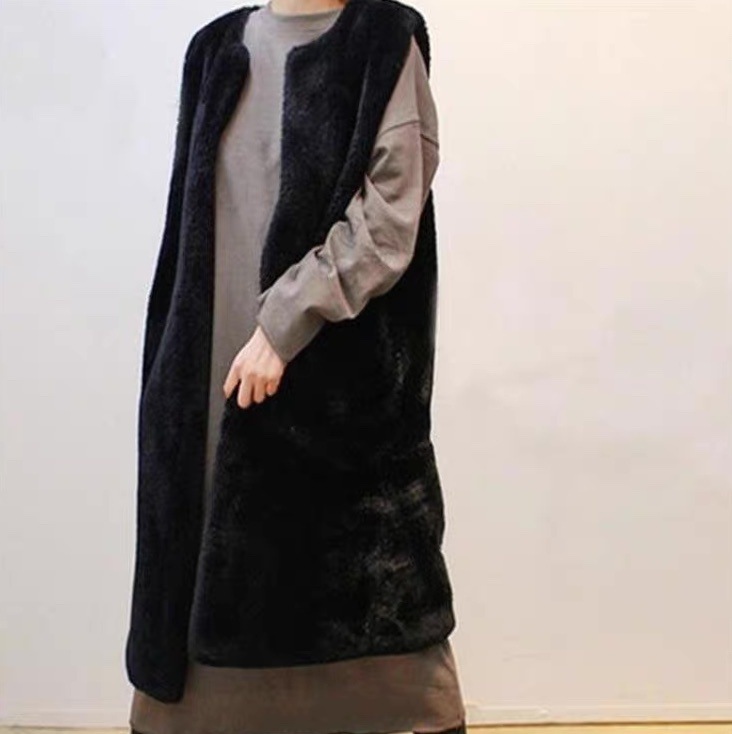 レディース トップス ベスト ロング 袖なし ノースリーブ Uネック ラウンドネック フェミニン ストリート もこもこ ふわふわ 大人可愛い きれいめ シンプル カジュアル ラフ ボーイッシュ