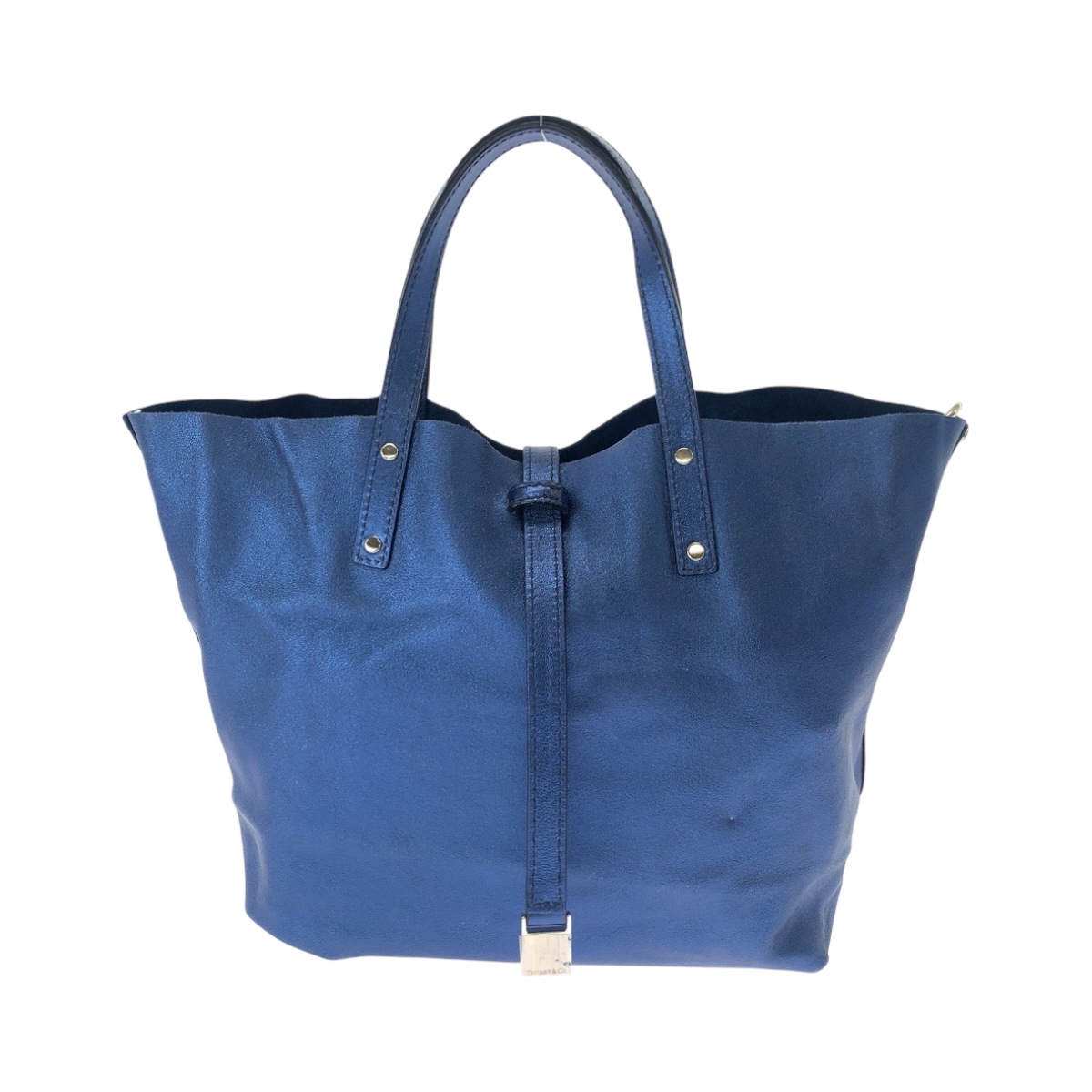 美品 メタリックブルー シルバー金具 レザー ハンドバッグ レディース 502129