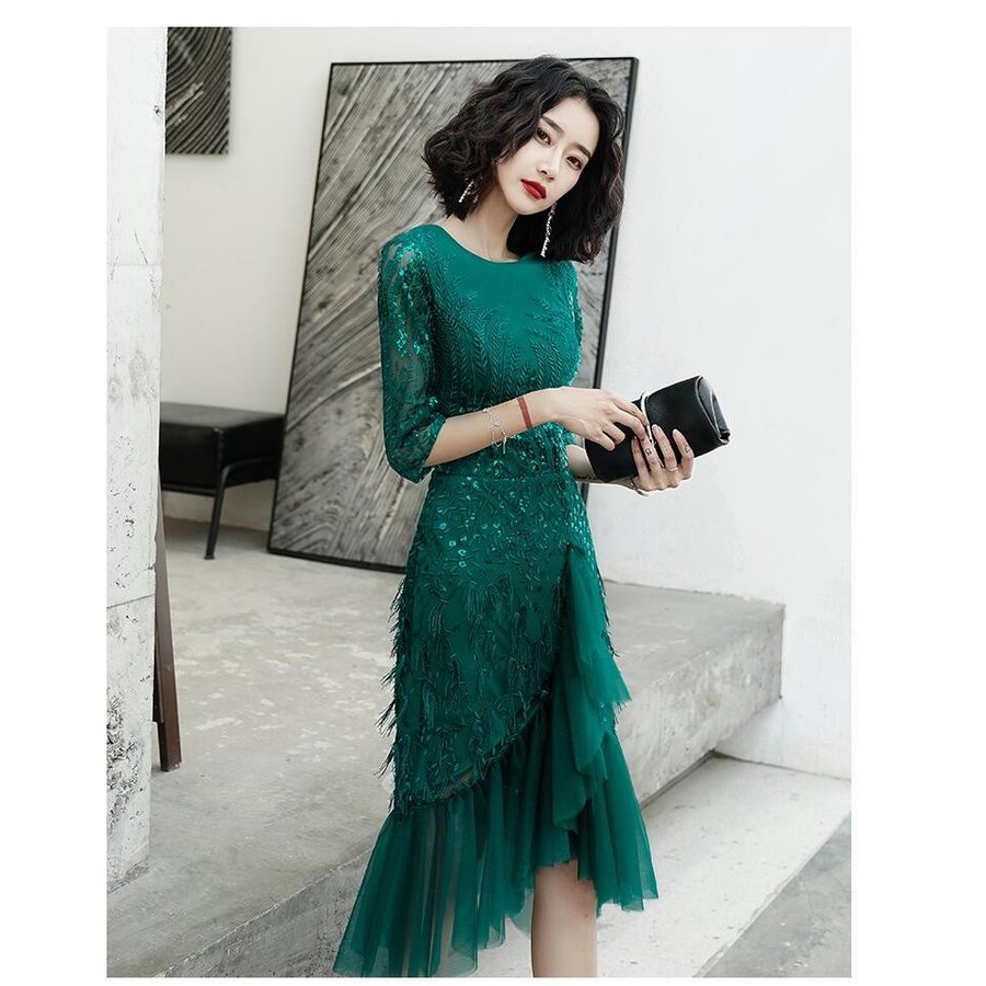 ミモレ丈ドレス 上品 パーティードレス結婚式 マーメイドドレス ウエディングドレス 大きいサイズ 2