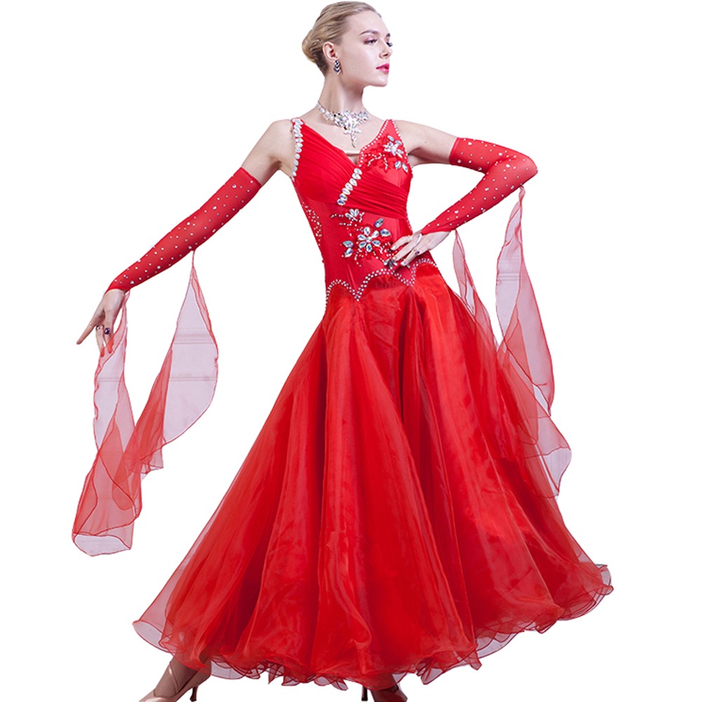社交ダンス モダンドレス ワンピースドレス ワルツ服 練習着 競技用 ステージ衣装 パーティー ラテンダンス衣装 大きい裾 豪華 演出服 スタンダードドレス ローズ インターナショナルダンス 競技