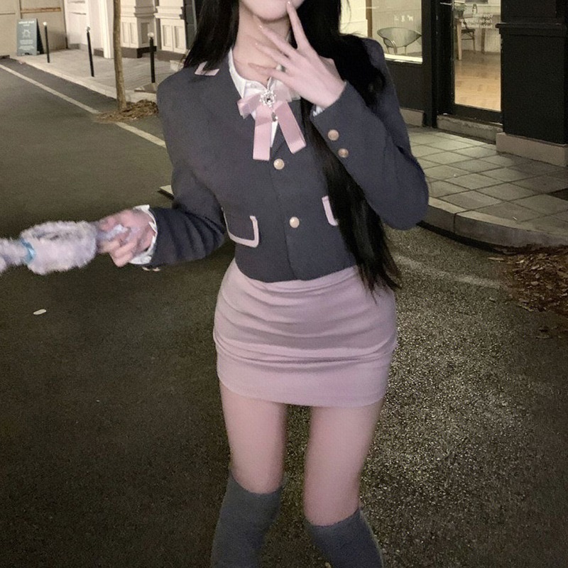 韓国風 JK 制服女子高生衣装セット春と秋スーツジャケット長袖シャツピンクのボディコンスカートの 3 点セット