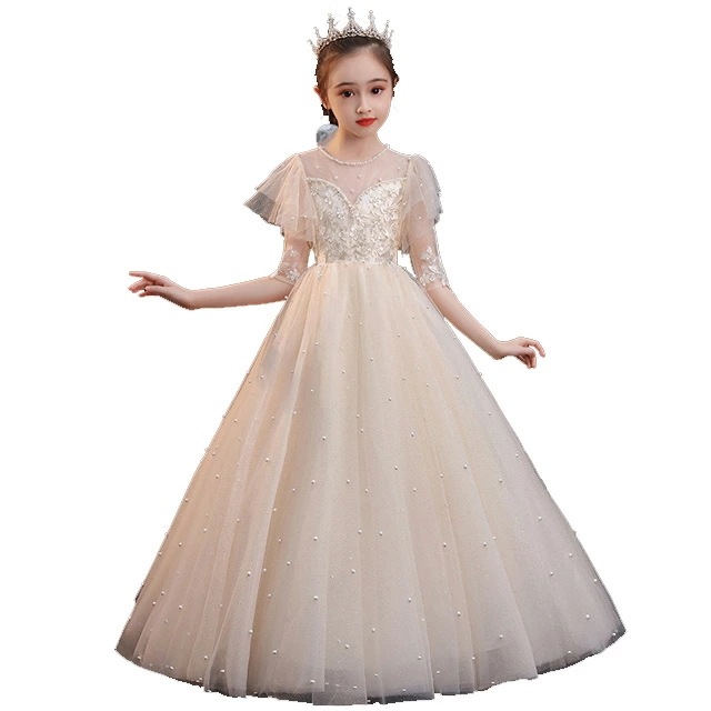 ロングドレス 子供 ピアノ発表会ドレス シャンパン色 女児ドレス 7分袖 パール 刺繍 スパンコール 子供ドレス ロング丈 ホワイトドレス 女の子 フォーマル 発表会 演奏会 キッズドレス ジュニア 5,540円